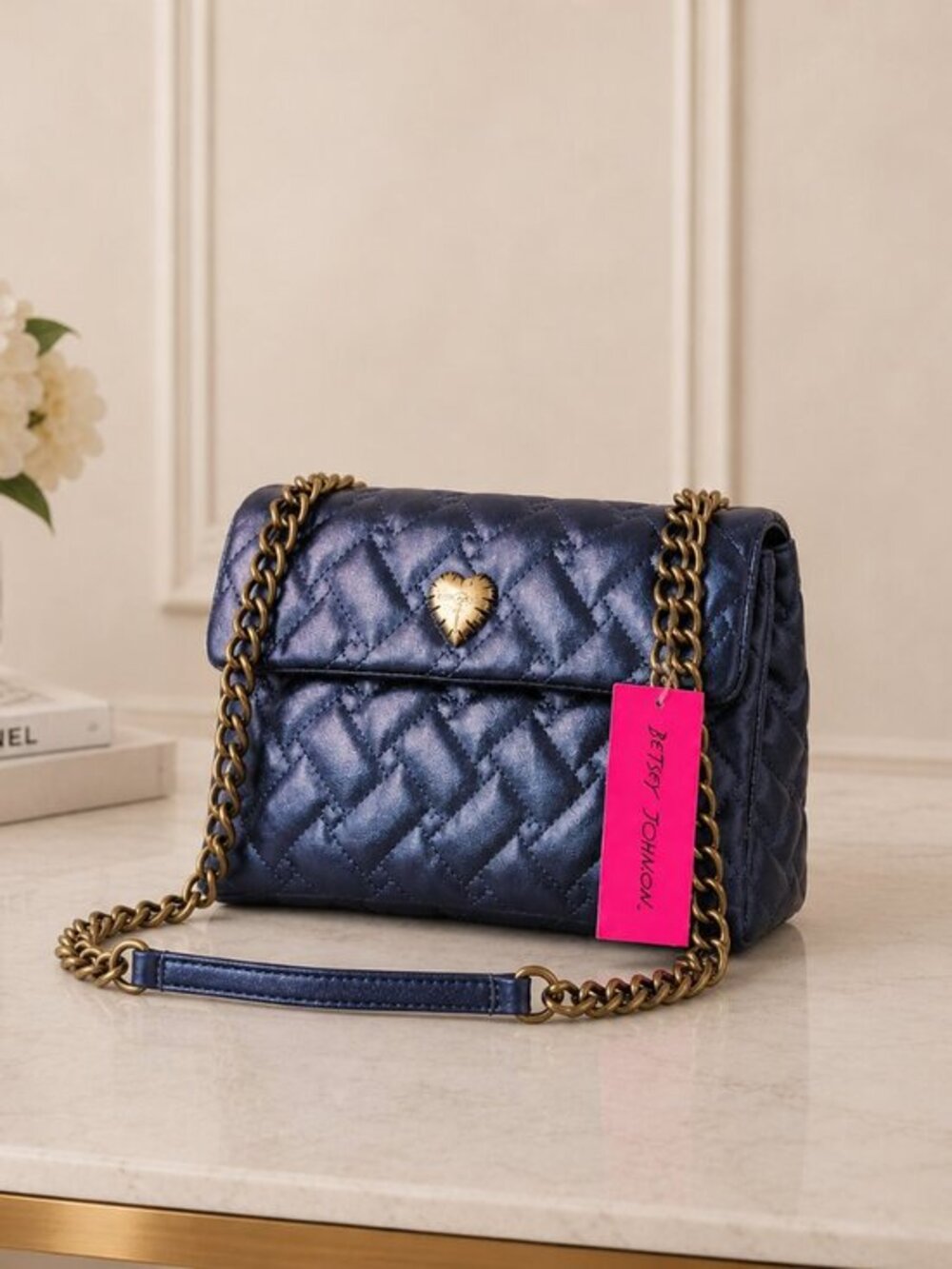 Betsey Johnson Xomaze Metallic Blue Quilted Shoulder Bag NWT